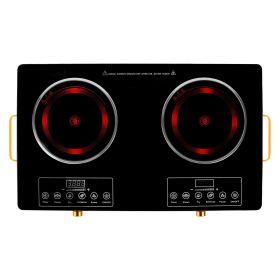 7000W Electric Double Ceramic Stove Electric Cooktop Hot Plate Infrared Countertop Burner 3500W+3500W with 11 Power Levels 0-4H Timer Portable Handle (Option: Black)
