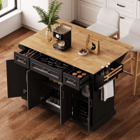 54 inch Large Kitchen Island with Rubber Wood Drop Leaf, Embossed Texture Rolling Kitchen Cart on 4 Wheels with 4 Doors and 3 Drawers (Color: Black, Material: MDF,Rubber Wood)