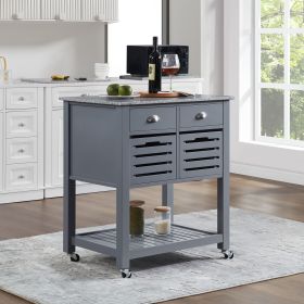 Mobile Rolling Kitchen Island Trolley Serving Cart with Underneath Drawer & Slide-Out Wire Storage Basket (Main Material: Wood, Main Color: Grey)